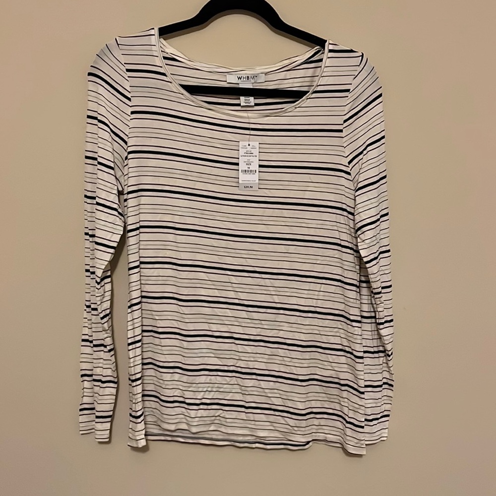 Medium white, black, and maroon striped shirt.